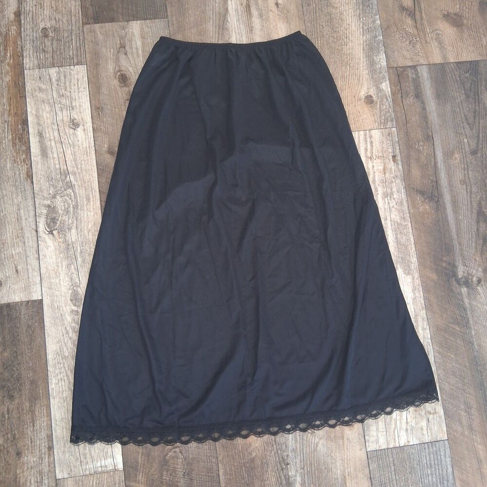 VNTG Deena USA Made Black Satin Lace Trim Half Slip Skirt L Fairy Grunge Boudoir - Picture 6 of 12